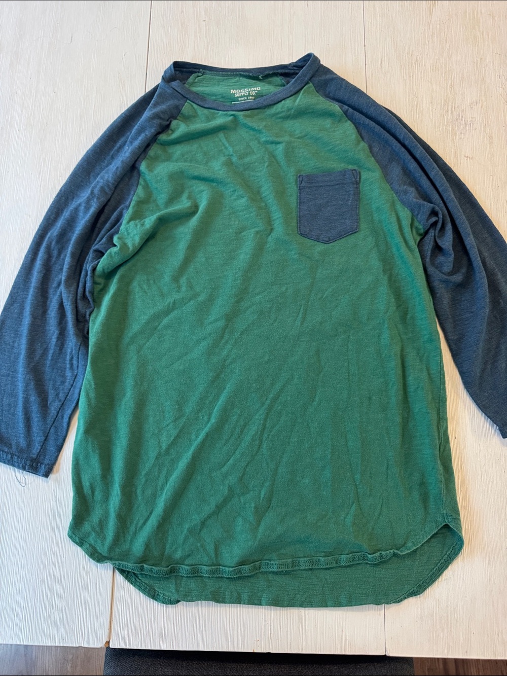 Mossimo Supply Co. Green Body with Navy Raglan Sleeves & Pocket Shirt